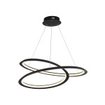 Czarna lampa wisząca Swirl II LED z jedną oprawą, zawieszona na cienkich linkach. Posiada dwa owalne pierścienie z białym podświetleniem, tworząc nowoczesny, minimalistyczny design. Montaż sufitowy, idealna do nowoczesnych wnętrz.