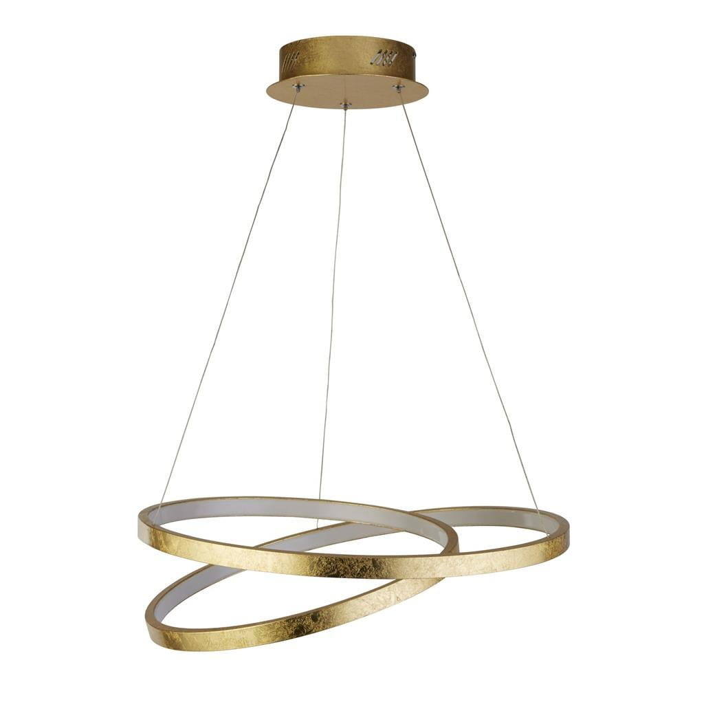 Złota lampa wisząca LED Float 1-punktowa, składająca się z dwóch minimalistycznych, okrągłych obręczy, zawieszona na cienkich linkach. Górna część z metalowym mocowaniem, całość w nowoczesnym stylu, idealna do eleganckich wnętrz.