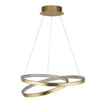 Złota lampa wisząca LED Float 1-punktowa, składająca się z dwóch minimalistycznych, okrągłych obręczy, zawieszona na cienkich linkach. Górna część z metalowym mocowaniem, całość w nowoczesnym stylu, idealna do eleganckich wnętrz.