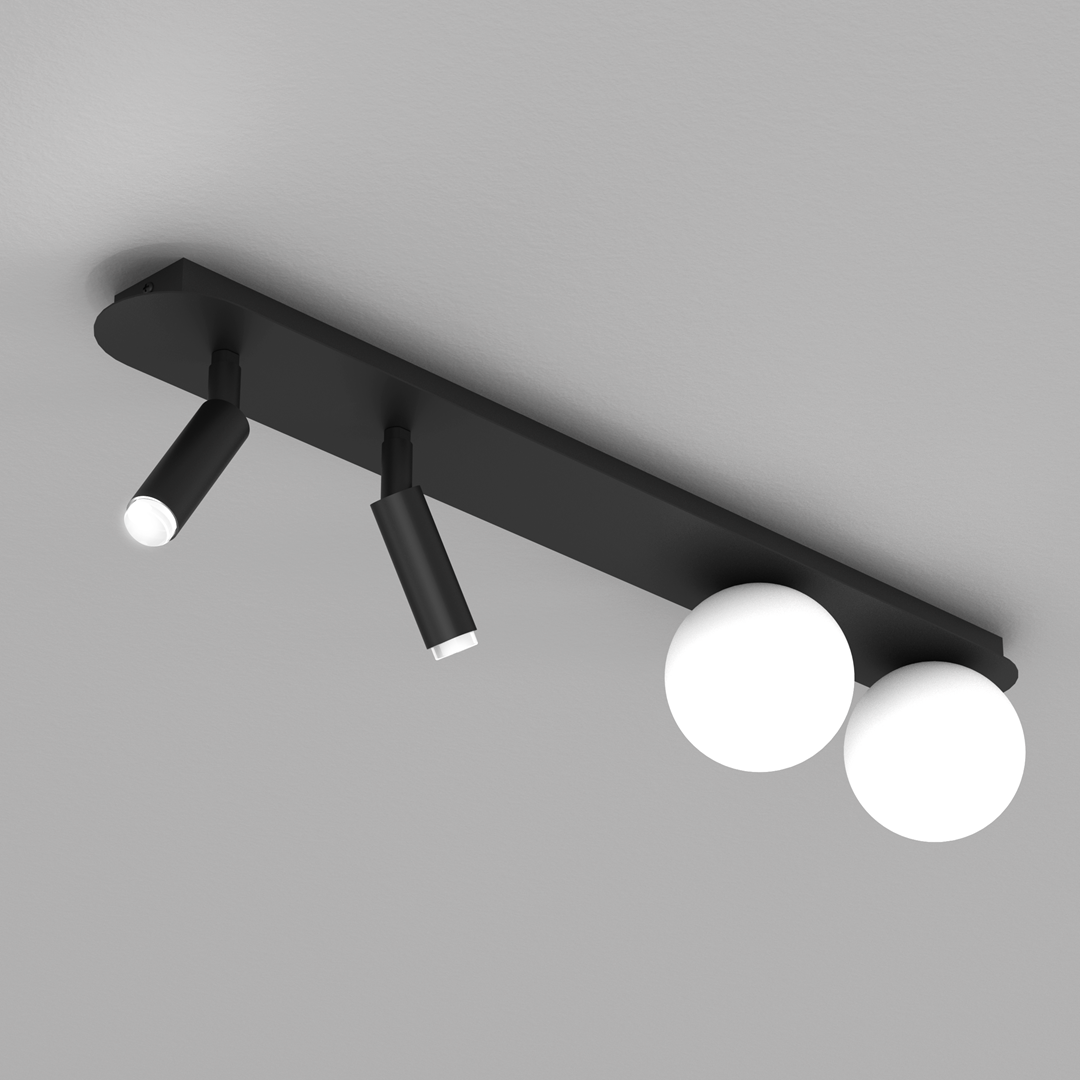 Czarna lampa sufitowa Sirio 4-punktowa z dwoma białymi kulami i dwoma ruchomymi reflektorami. Montowana na płaskiej podstawie, ukazana z góry, idealna do oświetlenia wnętrz.