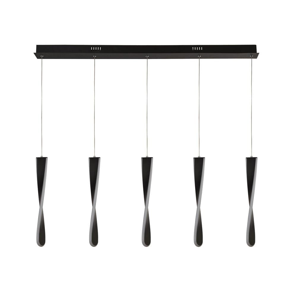 Lampa wisząca Paddle LED 5-punktowa w kolorze czarnym. Posiada pięć smukłych, podwieszonych kloszy o ergonomicznym kształcie, zawieszonych na cienkich linkach. Montaż na prostokątnej podstawie w kolorze czarnym.