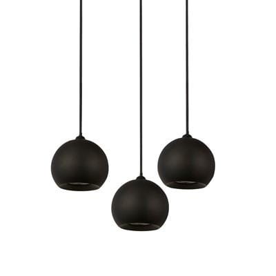 Czarna lampa wisząca Eindhoven 3-punktowa, z trzema okrągłymi kloszami w matowym wykończeniu, zawieszona na cienkich linkach. Klosze mają jednolitą, gładką powierzchnię i są umieszczone na różnych wysokościach.