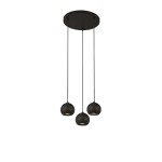 Czarna lampa wisząca Eindhoven 3-punktowa z trzema kulistymi kloszami, zawieszona na długich kablach. Klosze mają matową powierzchnię, a głowice oświetleniowe skierowane są w dół. Montaż sufitowy w formie okrągłej podstawy.