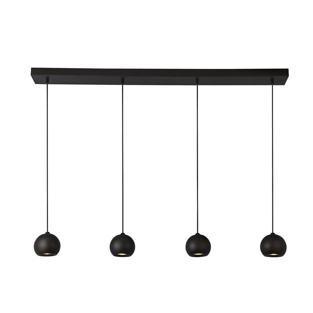 Czarna lampa wisząca Eindhoven 4-punktowa, z prostokątną podstawą i czterema okrągłymi kloszami. Klasyczny design, zwisające na cienkich linkach, idealna do nowoczesnych wnętrz. Ujęcie frontalne, produkt na jednolitym tle.