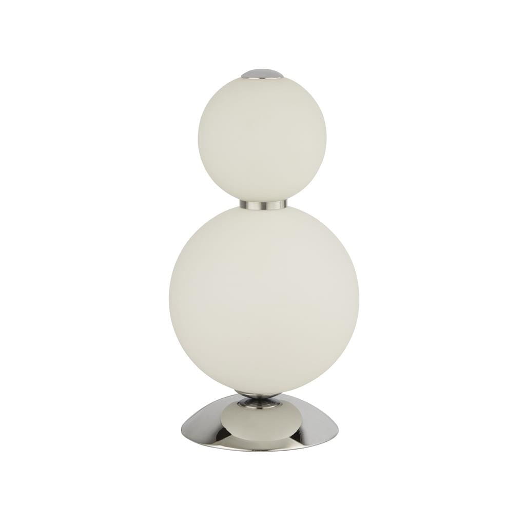 Lampa stołowa Snowball LED, 2-punktowa, z chromowanym podstawą. Posiada dwie okrągłe, mleczne klosze w kształcie kul, ustawione na stabilnej, metalowej podstawie. Widok frontalny, produkt stojący na płaskiej powierzchni.