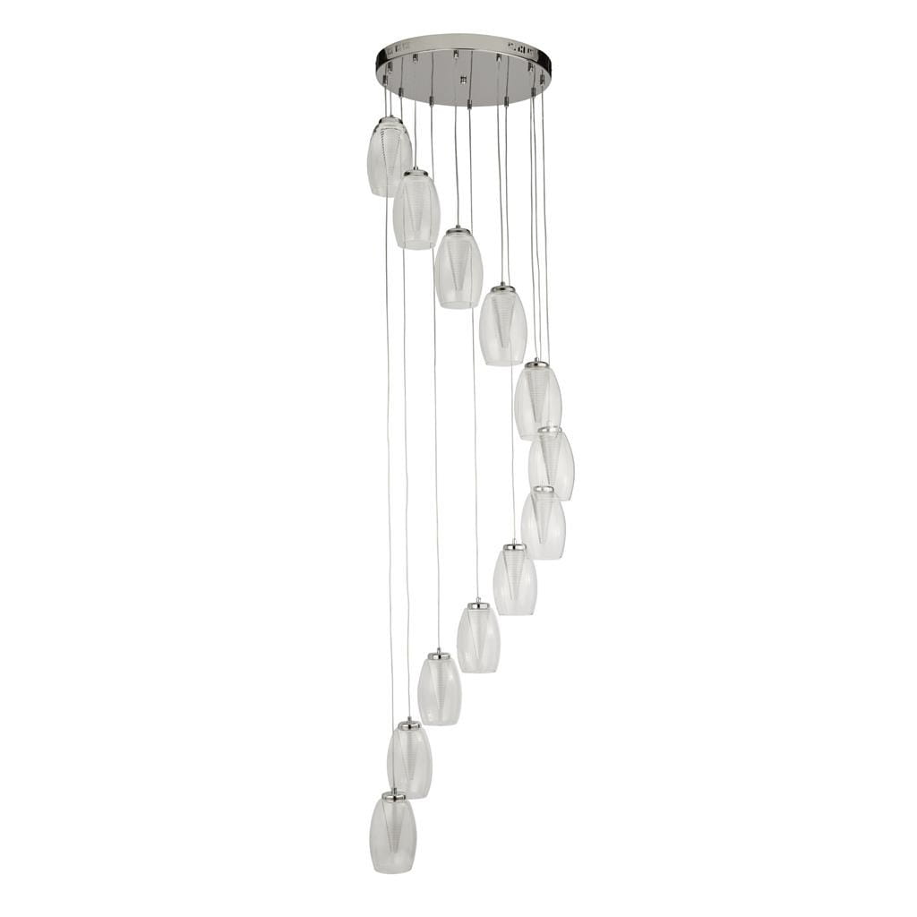 Lampa wisząca Cyclone LED 12-punktowa w chromie, z przezroczystymi kloszami w kształcie owalnym, zawieszona na cienkich linkach. Ułożona w kaskadzie, montowana na okrągłej podstawie sufitowej. Idealna do nowoczesnych wnętrz.