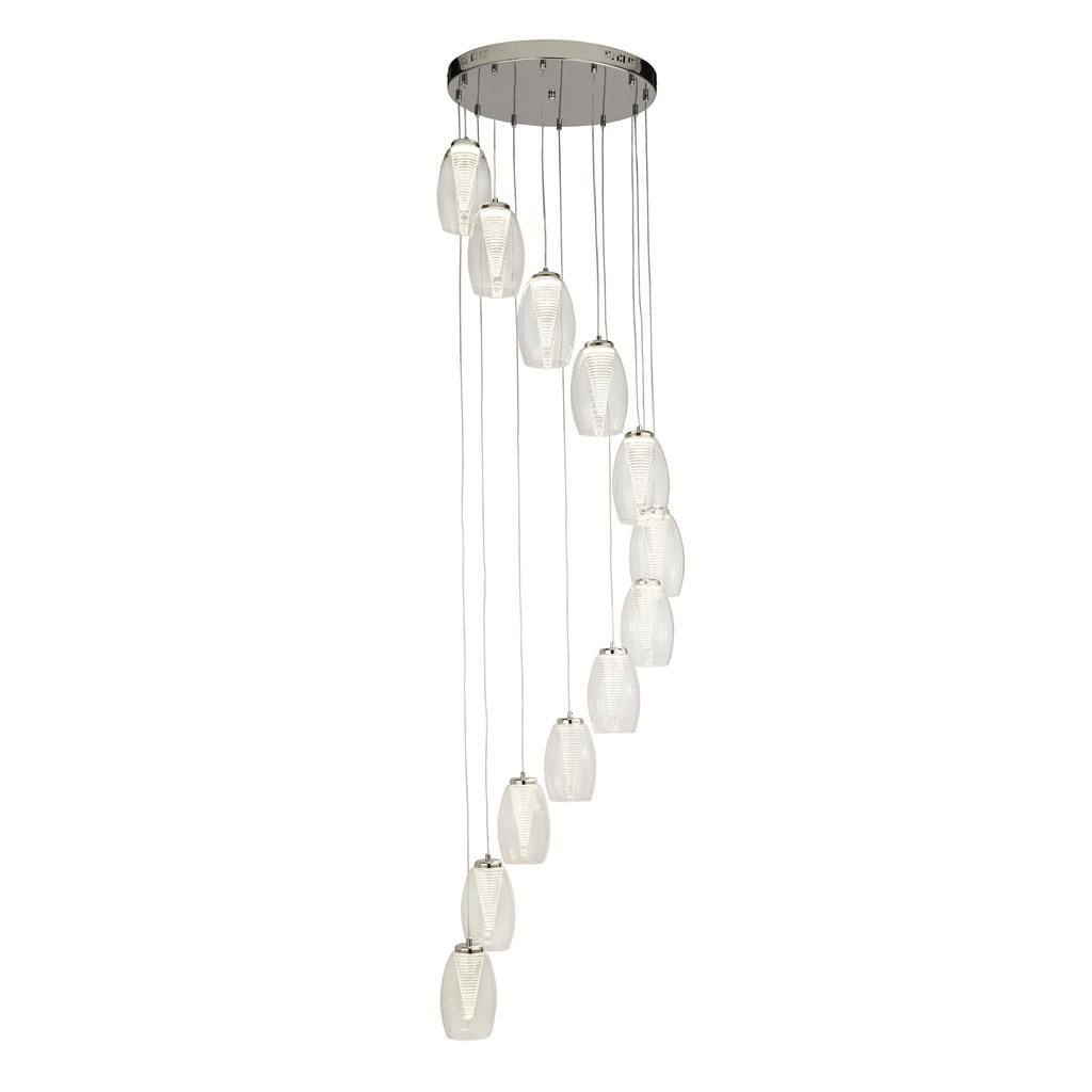 Lampa wisząca Cyclone LED 12-punktowa z chromowanym stropem, z szklanymi kloszami w kształcie kropli. Klosze zawieszone na cienkich linkach w różnych wysokościach, tworząc efektowną aranżację świetlną.