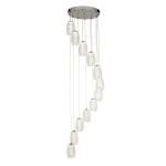 Lampa wisząca Cyclone LED 12-punktowa z chromowanym stropem, z szklanymi kloszami w kształcie kropli. Klosze zawieszone na cienkich linkach w różnych wysokościach, tworząc efektowną aranżację świetlną.