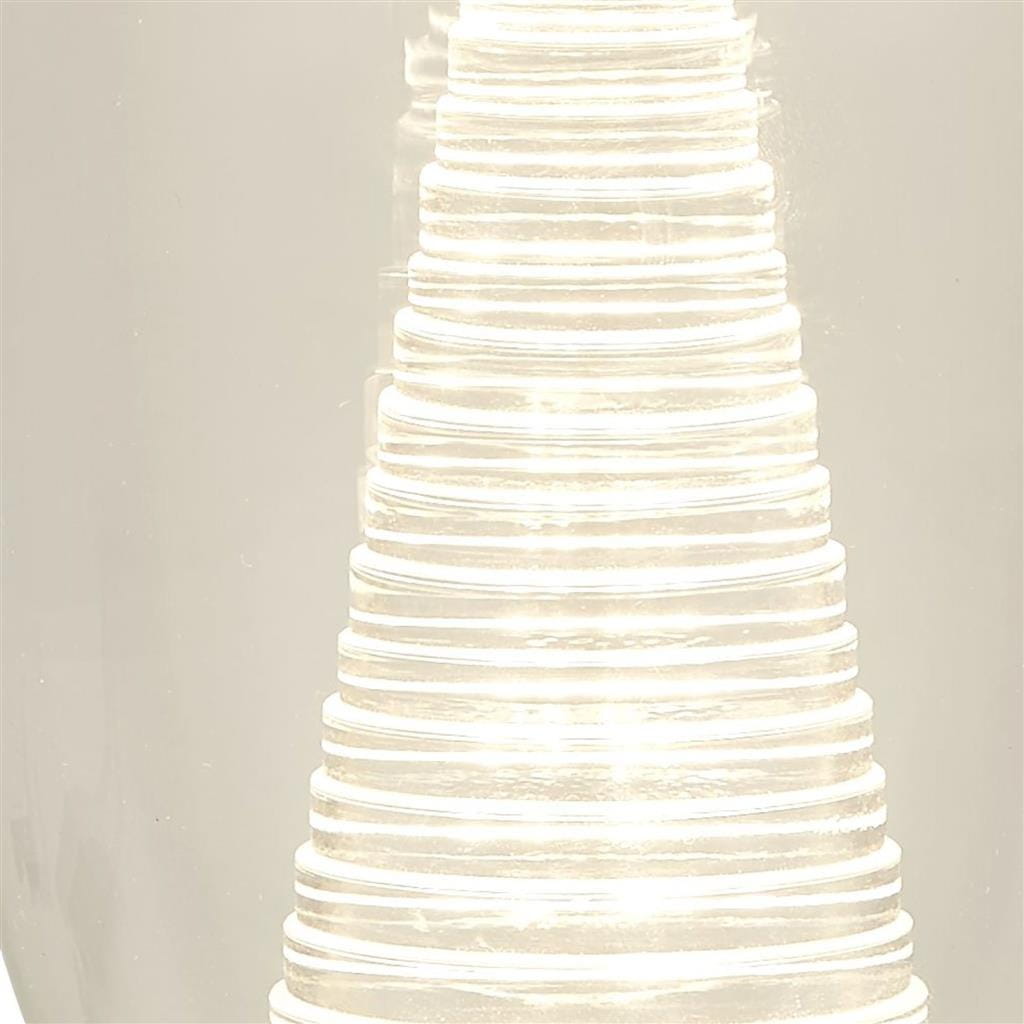 Lampa stołowa Cyclone LED 1-punktowa w chromie, z efektowną, spiralną konstrukcją z przezroczystego materiału, emitująca ciepłe światło. Ujęcie z bliska, ukazujące detale i teksturę lampy.