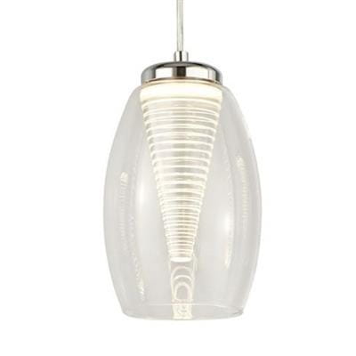 Lampa wisząca Cyclone LED 1-punktowa w chromowanej oprawie, z przezroczystym kloszem o kształcie stożka. Widoczny stylowy wzór spiralny wewnątrz klosza, zawieszona na cienkim przewodzie. Idealna do nowoczesnych wnętrz.