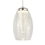Lampa wisząca Cyclone LED 1-punktowa w chromowanej oprawie, z przezroczystym kloszem o kształcie stożka. Widoczny stylowy wzór spiralny wewnątrz klosza, zawieszona na cienkim przewodzie. Idealna do nowoczesnych wnętrz.