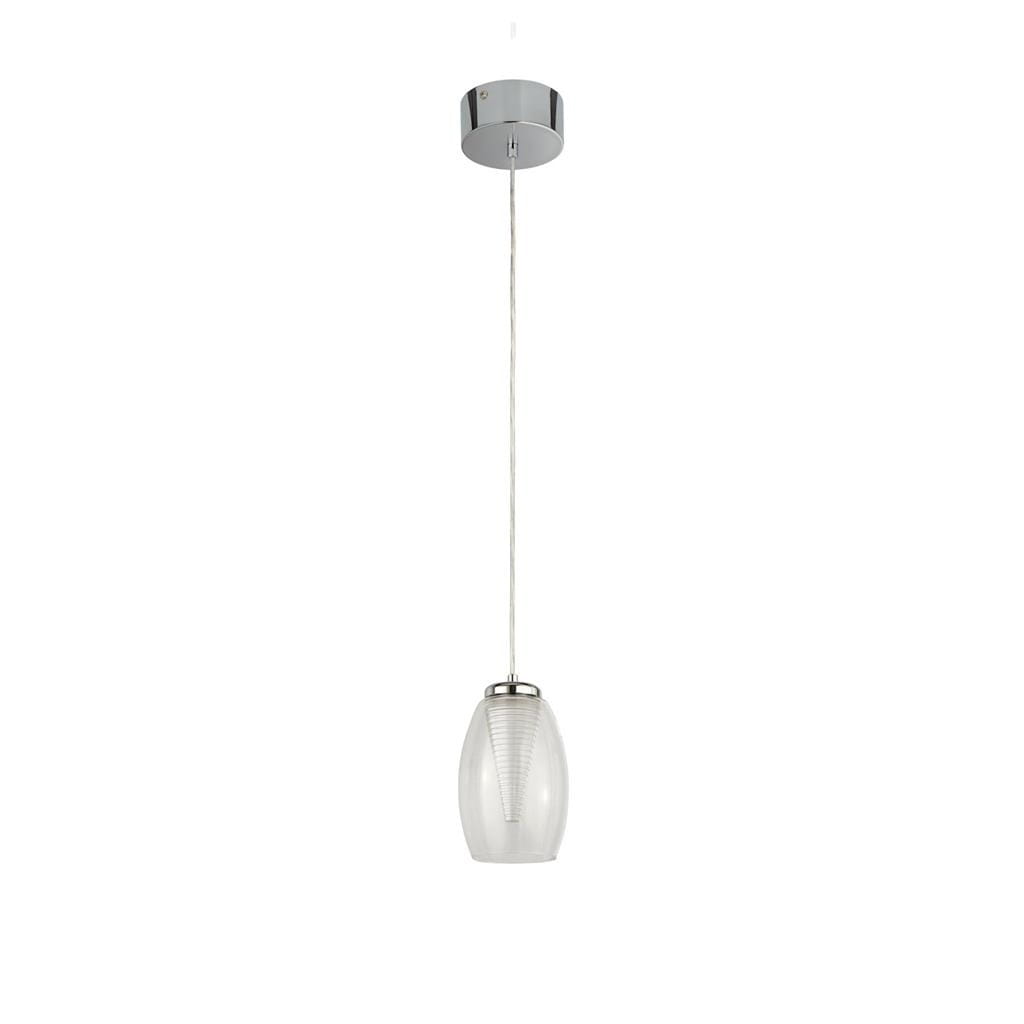 Lampa wisząca Cyclone LED 1-punktowa w kolorze chromu z przezroczystym kloszem. Posiada okrągłą podstawę montażową i długi, cienki przewód. Klosz o kształcie elipsoidy z teksturowanym wnętrzem, zawieszony w pionie.