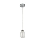 Lampa wisząca Cyclone LED 1-punktowa w kolorze chromu z przezroczystym kloszem. Posiada okrągłą podstawę montażową i długi, cienki przewód. Klosz o kształcie elipsoidy z teksturowanym wnętrzem, zawieszony w pionie.