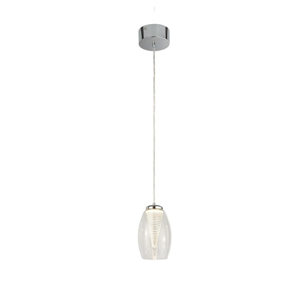 Lampa wisząca Cyclone LED 1-punktowa o chromowanej podstawie, z przezroczystym kloszem w kształcie stożka, zawieszona na cienkim przewodzie. Klosz ukazuje wewnętrzny element w formie spiralnej, zapewniając nowoczesny wygląd.