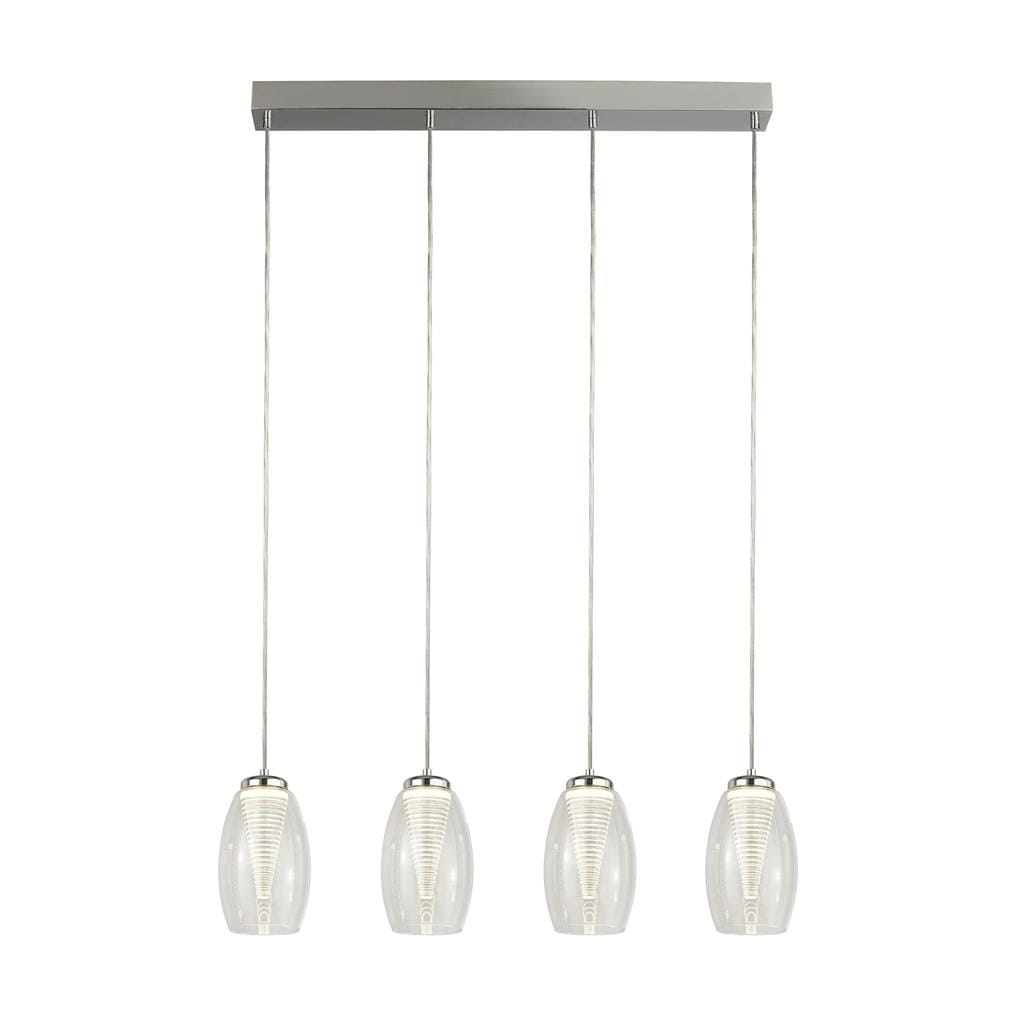 Lampa wisząca Cyclone LED 4-punktowa w chromowanej obudowie. Składa się z czterech szklanych kloszy o owalnym kształcie, zawieszonych na cienkich linkach. Ułożona równolegle do sufitu, idealna do nowoczesnych wnętrz.