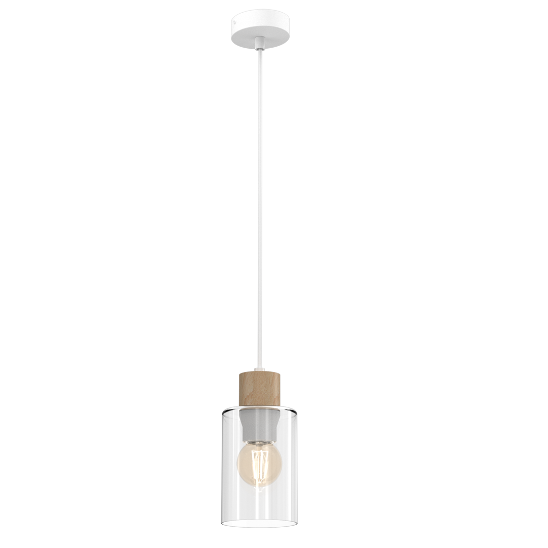 Lampa wisząca Madera 1-punktowa w białym kolorze, z przezroczystym kloszem z szkła i drewnianym elementem. Produkt zwisający na białym przewodzie, z widoczną żarówką w środku, prezentowany na jednolitym tle.