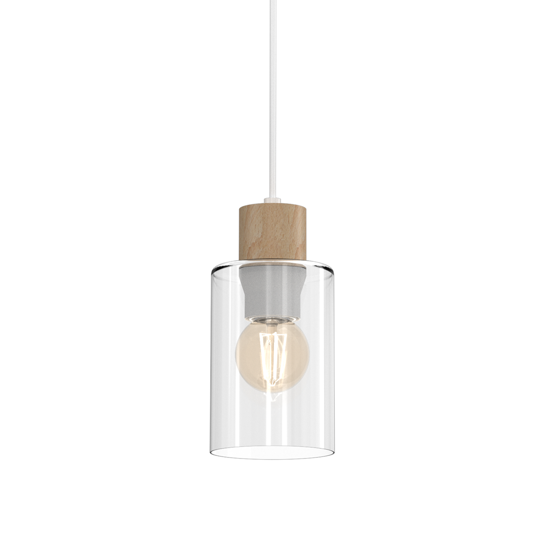 Lampa wisząca Madera 1-punktowa w kolorze białym z przezroczystym kloszem. Element drewniany u góry, metalowy trzonek. Zawieszona na białym przewodzie, idealna do nowoczesnych wnętrz. Wysoka jakość wykonania i minimalistyczny design.