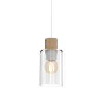 Lampa wisząca Madera 1-punktowa w kolorze białym z przezroczystym kloszem. Element drewniany u góry, metalowy trzonek. Zawieszona na białym przewodzie, idealna do nowoczesnych wnętrz. Wysoka jakość wykonania i minimalistyczny design.