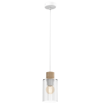 Lampa wisząca Madera 1-punktowa w kolorze białym z przezroczystym kloszem i drewnianym wykończeniem. Zawieszona na długim, białym przewodzie, prezentuje minimalistyczny design. Idealna do nowoczesnych wnętrz.