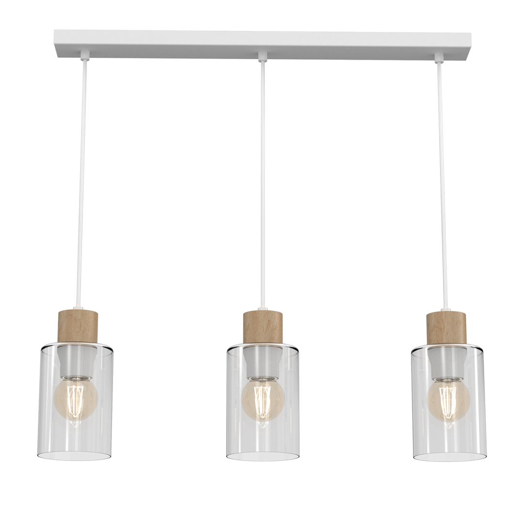 Lampa wisząca Madera 3-punktowa w kolorze białym, z trzema szklanymi kloszami i drewnianymi detalami. Klosze mają cylindryczny kształt, w każdym znajduje się żarówka. Produkt zawieszony na białym stelażu.