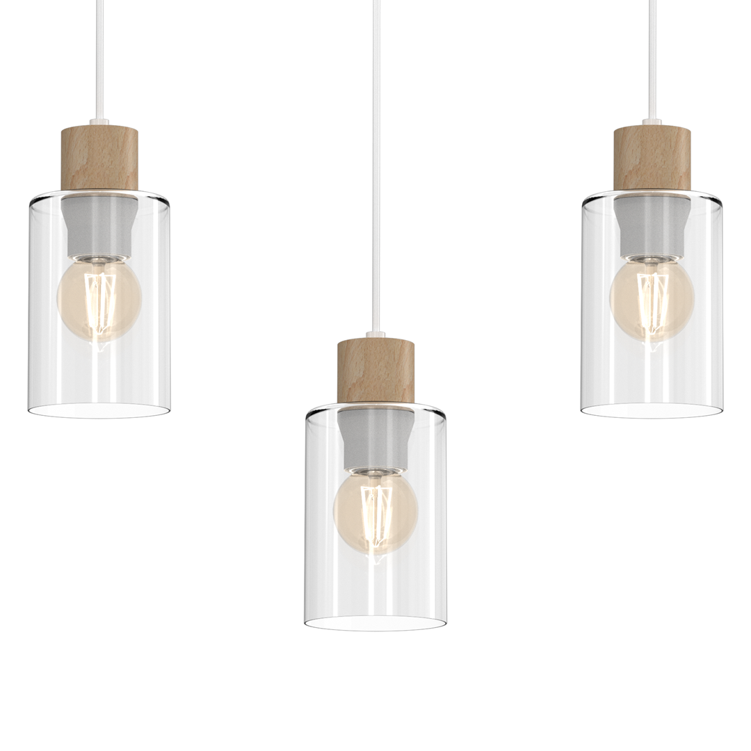 Lampa wisząca Madera 3-punktowa w białym kolorze z trzema szklanymi kloszami, każdy z drewnianym wykończeniem. Klasyczny design, zawieszona na białych przewodach. Idealna do nowoczesnych wnętrz.