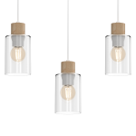 Lampa wisząca Madera 3-punktowa w białym kolorze z trzema szklanymi kloszami, każdy z drewnianym wykończeniem. Klasyczny design, zawieszona na białych przewodach. Idealna do nowoczesnych wnętrz.