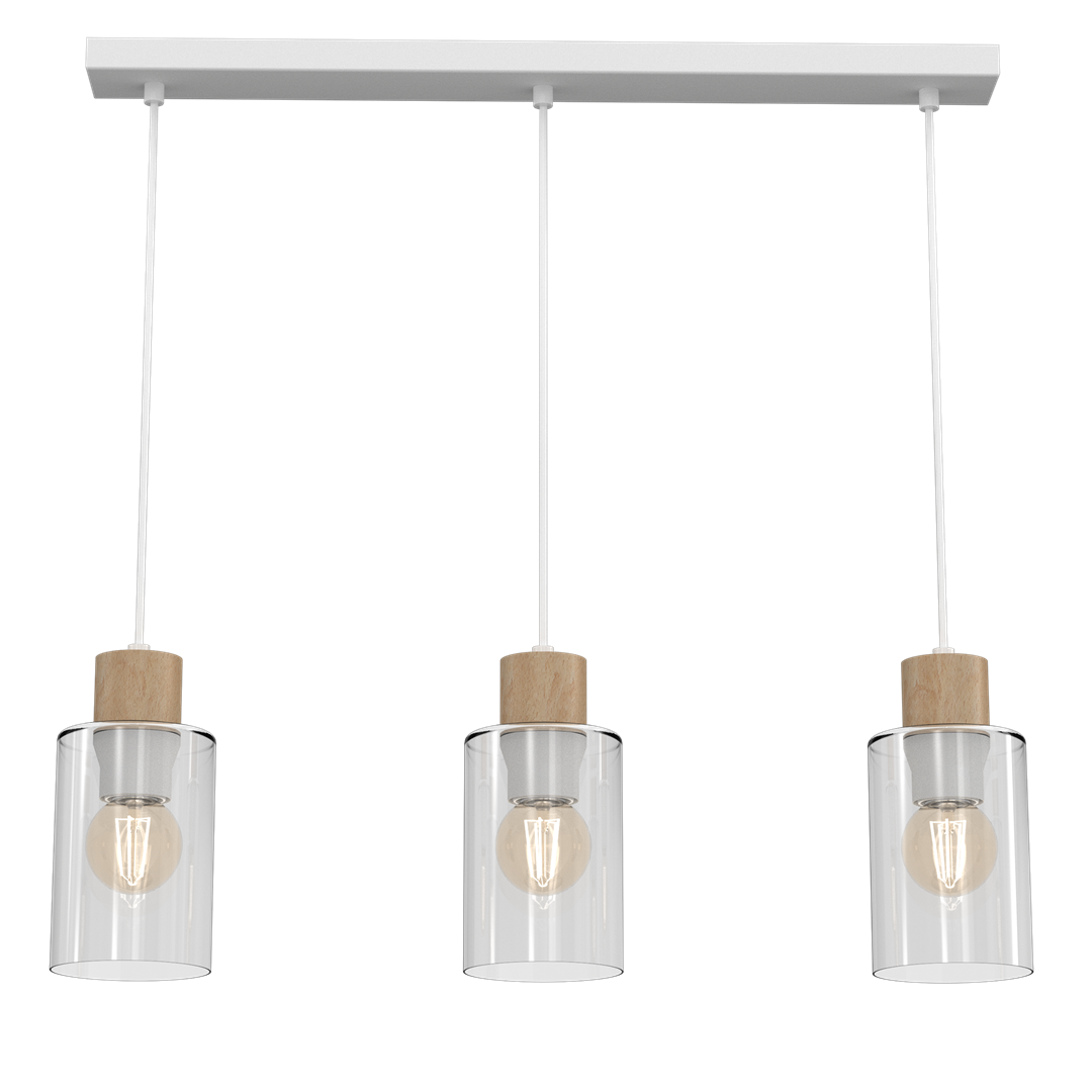 Lampa wisząca Madera 3-punktowa w kolorze białym z trzema przezroczystymi kloszami szklanymi oraz drewnianymi elementami mocującymi, zawieszona na białym stelażu. Ujęcie frontalne.