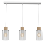 Lampa wisząca Madera 3-punktowa w kolorze białym z trzema przezroczystymi kloszami szklanymi oraz drewnianymi elementami mocującymi, zawieszona na białym stelażu. Ujęcie frontalne.