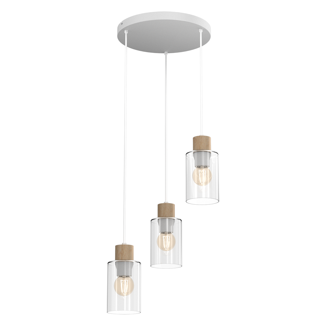 Lampa wisząca Madera 3-punktowa w kolorze białym, z trzema szklanymi kloszami i drewnianymi detalami. Ułożona w pionie, zawieszona na białych przewodach, umieszczona na okrągłej, białej podstawie. Klosze mają cylindryczny kształt, z widocznymi żarówkami.