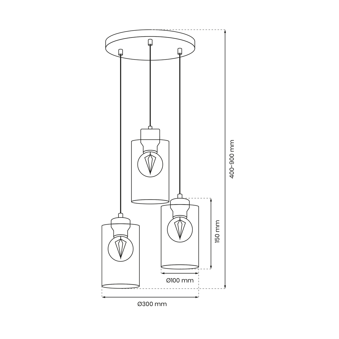 Lampa wisząca Madera 3-punktowa w kolorze białym, z trzema cylindrycznymi kloszami o średnicy 100 mm, zawieszona na regulowanych linkach, z okrągłą podstawą o średnicy 300 mm. Wysokość regulowana od 400 do 900 mm.