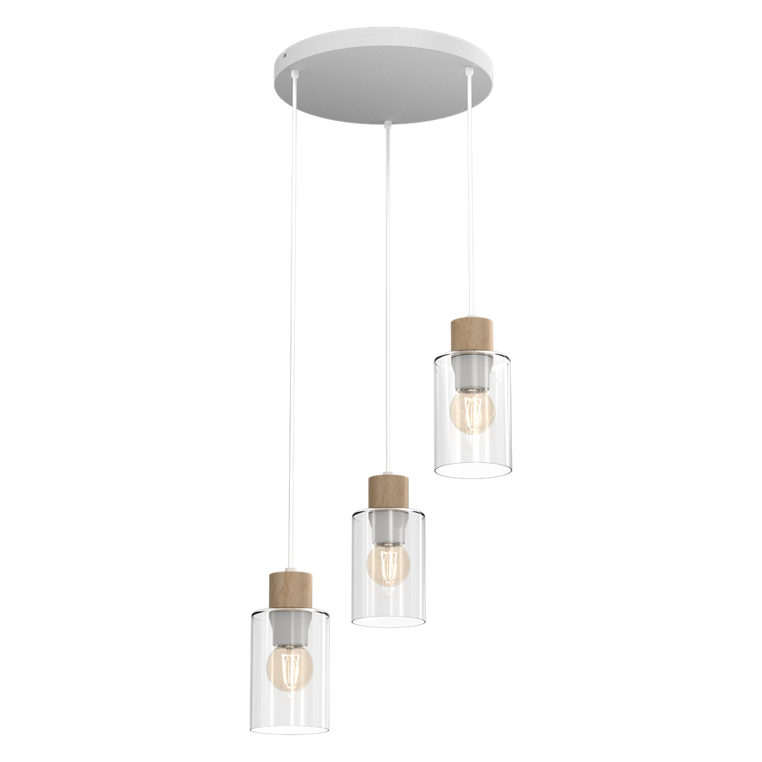 Biała lampa wisząca Madera z trzema szklanymi kloszami, zawieszona na białych linkach. Klosze mają drewniane elementy u podstawy, a żarówki są widoczne w przezroczystych osłonach. Montaż sufitowy na okrągłej podstawie.