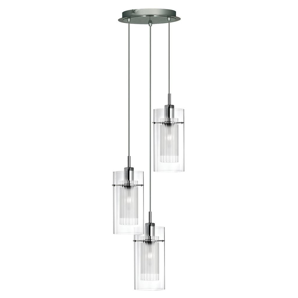 Lampa wisząca Duo I w srebrnej satynie z trzema przezroczystymi kloszami. Klosze mają cylindryczny kształt z pionowymi rowkami. Produkt zamontowany na okrągłej podstawie sufitowej, zawieszony na metalowych linkach.