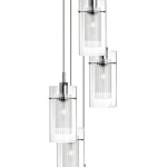 Lampa wisząca Duo I z pięcioma punktami świetlnymi, wykonana z przezroczystego szkła i srebrnej satyny. Produkt zawieszony na cienkich linkach, z cylindrycznymi kloszami z prążkowanego szkła, o minimalistycznym designie.