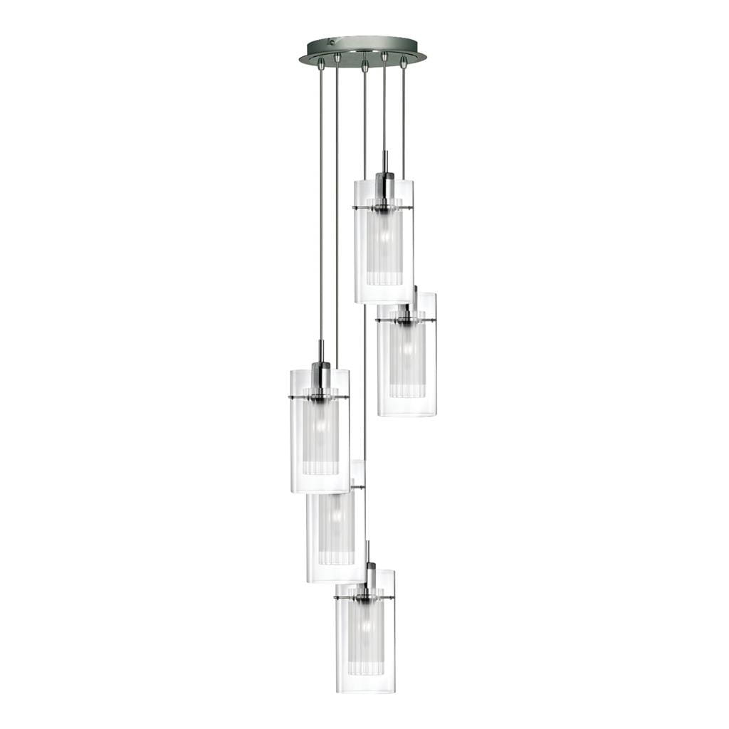 Lampa wisząca Duo I, pięciopunktowa, w srebrnej satynie z przezroczystymi kloszami. Klosze mają cylindryczny kształt, zawieszone na cienkich linkach. Montaż sufitowy, nowoczesny design, idealna do wnętrz. Tło białe, minimalistyczne.