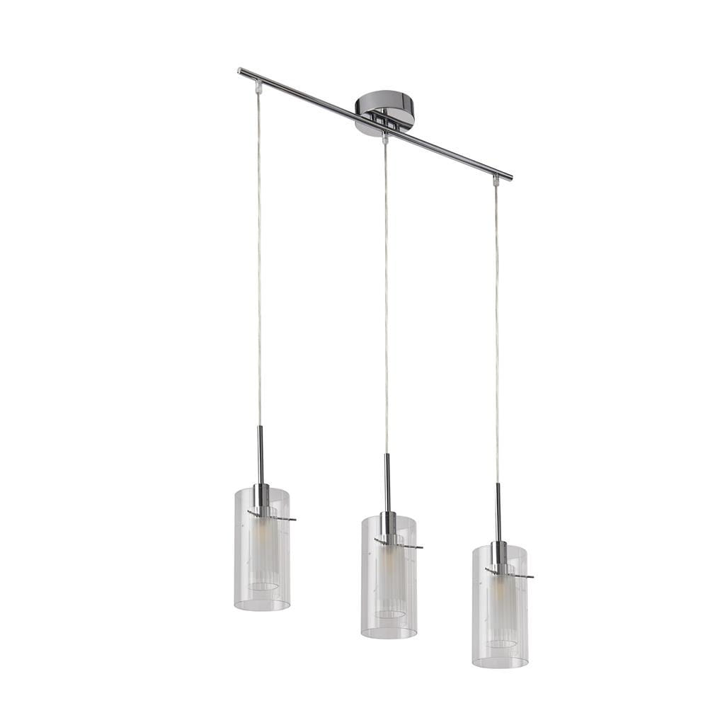 Lampa wisząca Duo I z trzema przeźroczystymi kloszami, zawieszona na metalowej chromowanej belce. Klosze mają cylindryczny kształt, zawieszone na cienkich linkach. Idealna do nowoczesnych aranżacji wnętrz.