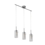 Lampa wisząca Duo I z trzema przeźroczystymi kloszami, zawieszona na metalowej chromowanej belce. Klosze mają cylindryczny kształt, zawieszone na cienkich linkach. Idealna do nowoczesnych aranżacji wnętrz.