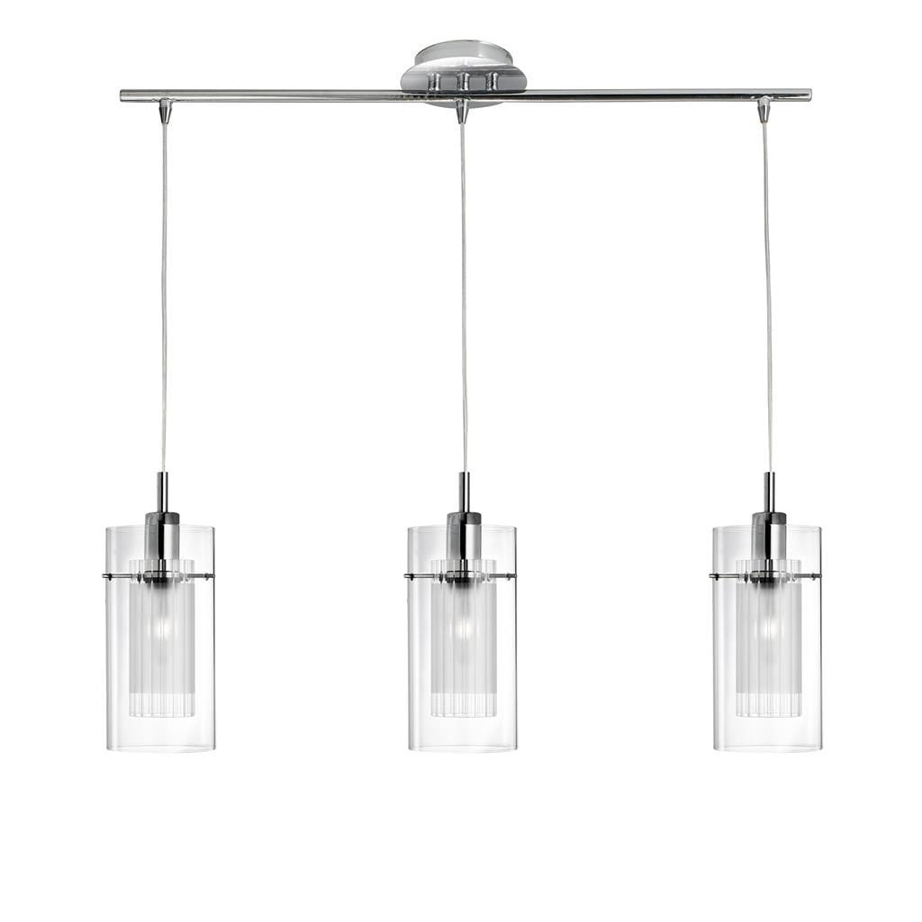 Lampa wisząca 3-punktowa Duo I w kolorze chromu i przezroczystym, z trzema cylindrycznymi kloszami na długich linkach. Ujęcie frontalne, z widocznym metalowym stelażem i szklanymi kloszami, które osłaniają źródła światła.