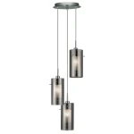 Lampa wisząca Duo 2 z trzema punktami świetlnymi, wykonana z satynowanego srebra i przydymionego szkła. Posiada cylindryczne klosze zawieszone na cienkich linkach, montowane do sufitowej podstawy w srebrnym kolorze.