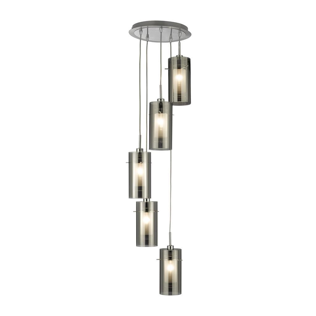 Lampa wisząca 5-punktowa Duo 2, wykonana w srebrnej satynie z przydymionymi kloszami. Posiada pięć cylindrycznych kloszy na wiszących linkach, zawieszona na okrągłej podsufitce, w nowoczesnym stylu.