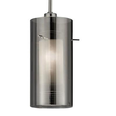 Lampa wisząca Duo 2 o trzech punktach świetlnych, wykonana z chromu i przydymionego szkła. Cylindryczny kształt, z widoczną wewnętrzną lampą, zawieszona na metalowym przewodzie. Idealna do nowoczesnych wnętrz.