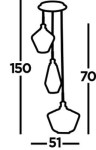 Lampa wisząca Mia 3-punktowa w kolorze antycznego mosiądzu. Posiada trzy asymetryczne klosze w formie stożków. Wysokość całkowita 150 cm, odległość między kloszami 70 cm, a szerokość 51 cm.