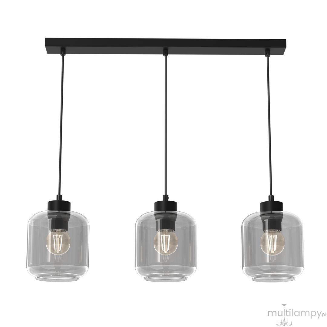 Lampa wisząca Sombra 3-punktowa w kolorze czarnym z dymionymi kloszami. Posiada trzy szklane klosze w kształcie cylindrów, zawieszone na czarnych linkach. Mocowanie na sufit w formie prostokątnej listwy.
