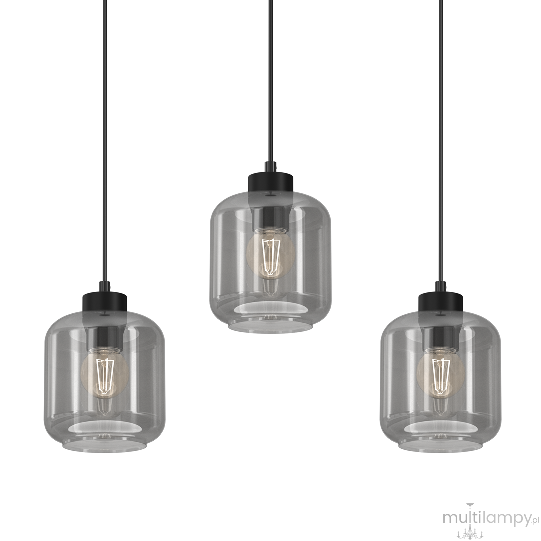 Lampa wisząca Sombra 3-punktowa w kolorze czarnym z dymionymi kloszami. Klosze mają cylindryczny kształt, zawieszone na cienkich czarnych linkach. Widoczne żarówki nadają ciepłe światło, a całość prezentuje nowoczesny styl.