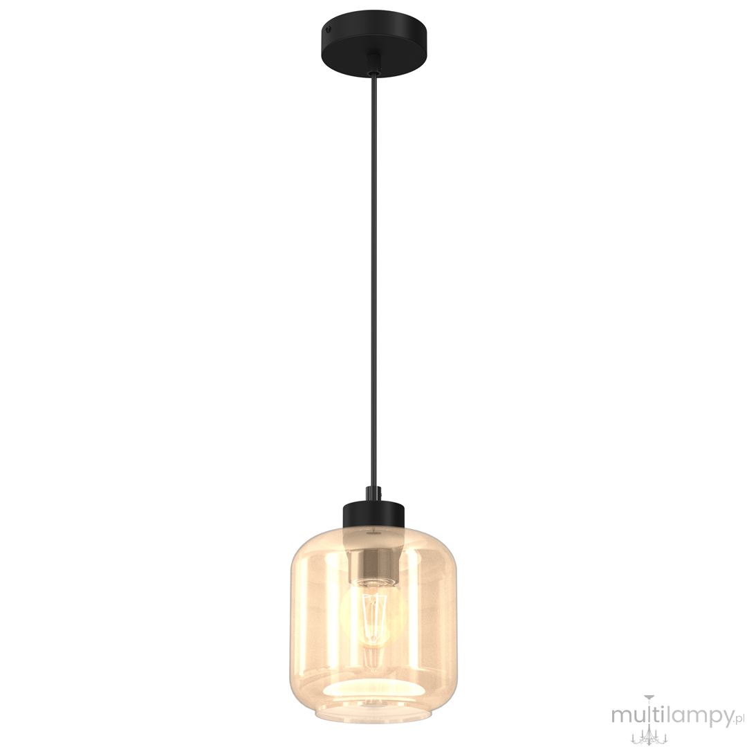 Lampa wisząca Sombra 1-punktowa w kolorze czarnym z bursztynowym kloszem. Zawieszona na cienkim przewodzie, o zaokrąglonym kształcie, z widoczną żarówką wewnątrz. Prosta forma, idealna do nowoczesnych aranżacji wnętrz.