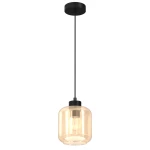 Lampa wisząca Sombra 1-punktowa w kolorze czarnym z bursztynowym kloszem. Zawieszona na cienkim przewodzie, o zaokrąglonym kształcie, z widoczną żarówką wewnątrz. Prosta forma, idealna do nowoczesnych aranżacji wnętrz.