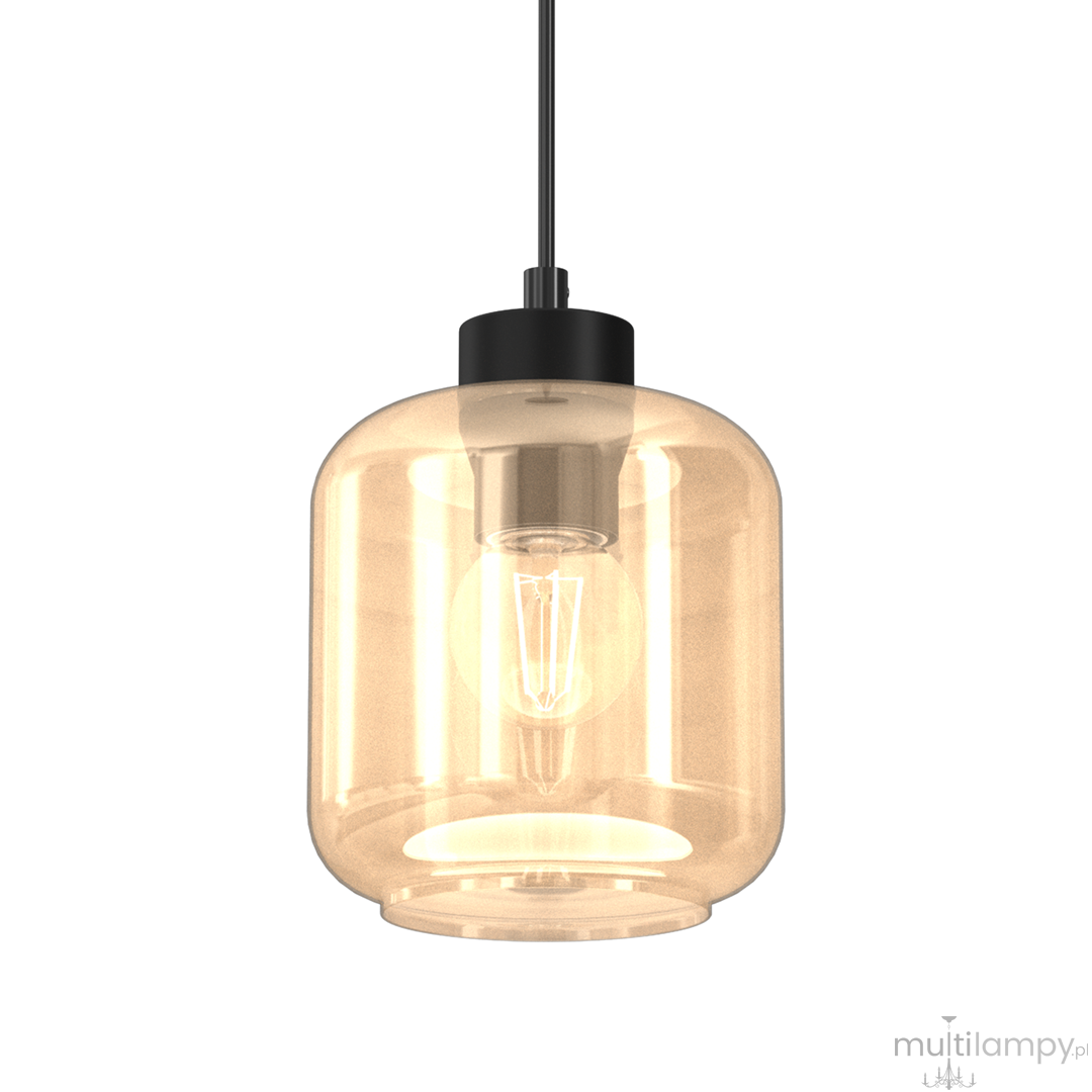Lampa wisząca Sombra 1-punktowa w kolorze czarnym z bursztynowym, szklanym kloszem w kształcie walca. Produkt zawiera widoczną żarówkę. Ujęcie frontalne, lampa zawieszona na cienkim przewodzie, na jednolitym tle.