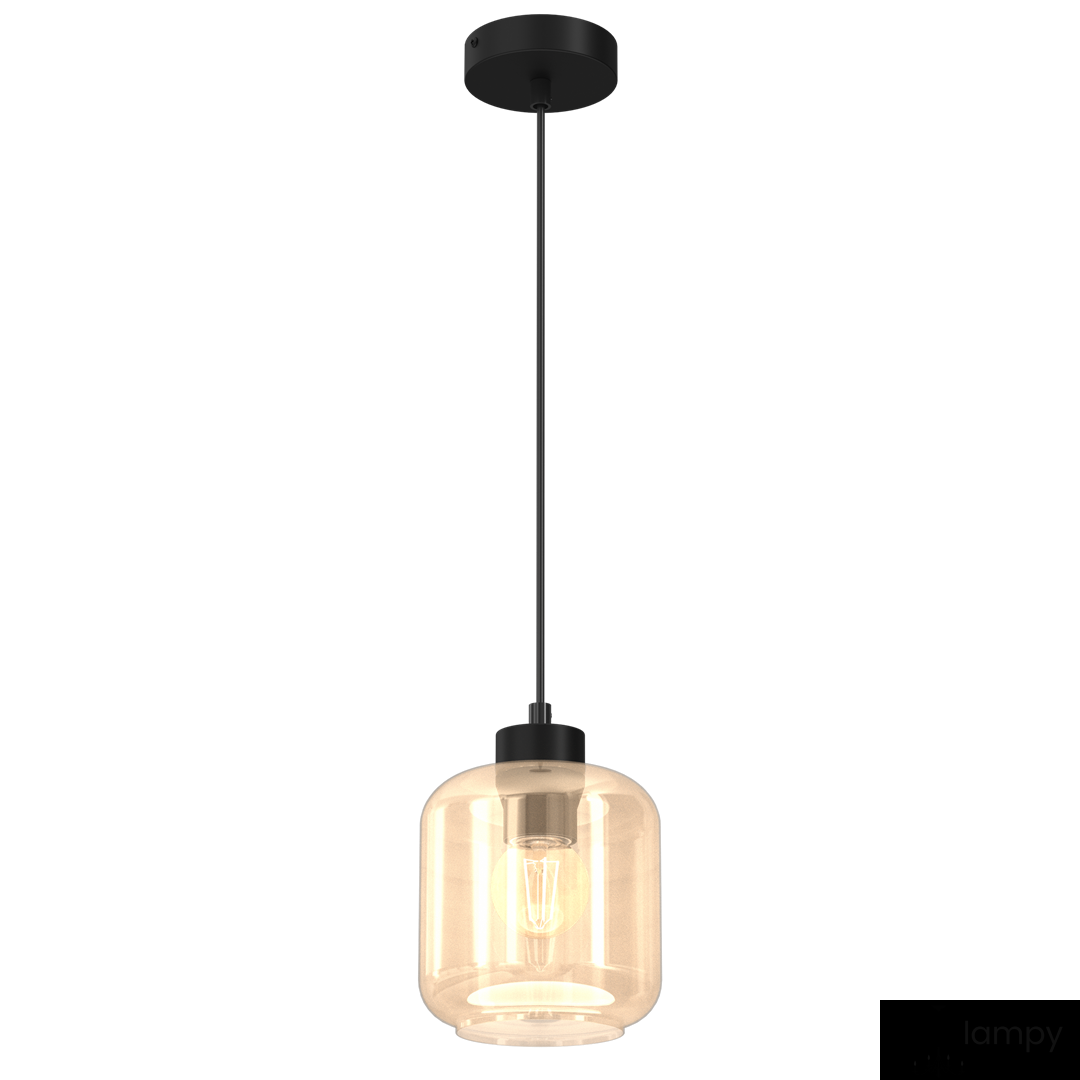 Lampa wisząca Sombra 1-punktowa w kolorze czarnym z bursztynowym kloszem. Okrągły klosz w kształcie słoika, zawieszony na cienkim czarnym przewodzie. Widoczna żarówka wewnątrz klosza. Prosta konstrukcja, idealna do nowoczesnych wnętrz.