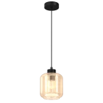 Lampa wisząca Sombra 1-punktowa w kolorze czarnym z bursztynowym kloszem. Okrągły klosz w kształcie słoika, zawieszony na cienkim czarnym przewodzie. Widoczna żarówka wewnątrz klosza. Prosta konstrukcja, idealna do nowoczesnych wnętrz.