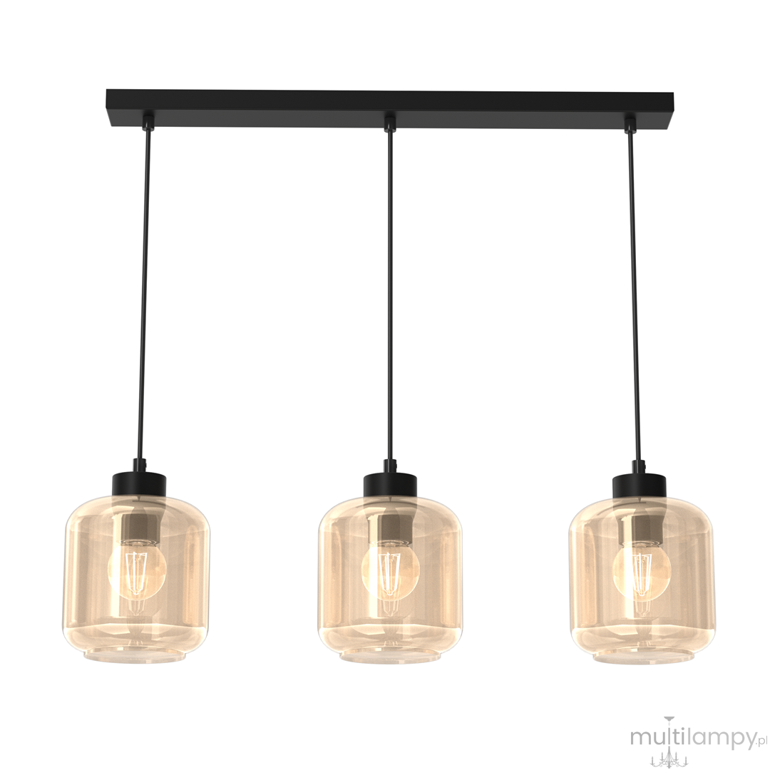 Lampa wisząca Sombra 3-punktowa w kolorze czarnym z bursztynowymi kloszami. Klosze o zaokrąglonym kształcie zawieszone na czarnych linkach, mocowane do prostokątnej podstawy. Całość prezentuje nowoczesny, minimalistyczny styl.