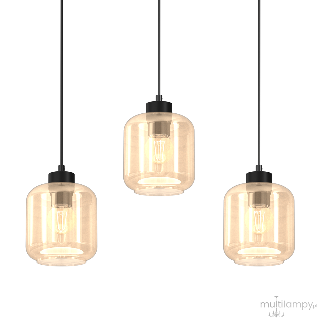 Lampa wisząca Sombra 3-punktowa z czarnymi akcentami i bursztynowymi szklanymi kloszami. Klosze mają okrągły kształt, zawieszone na cienkich linkach, emanują ciepłym światłem, tworząc przytulną atmosferę.